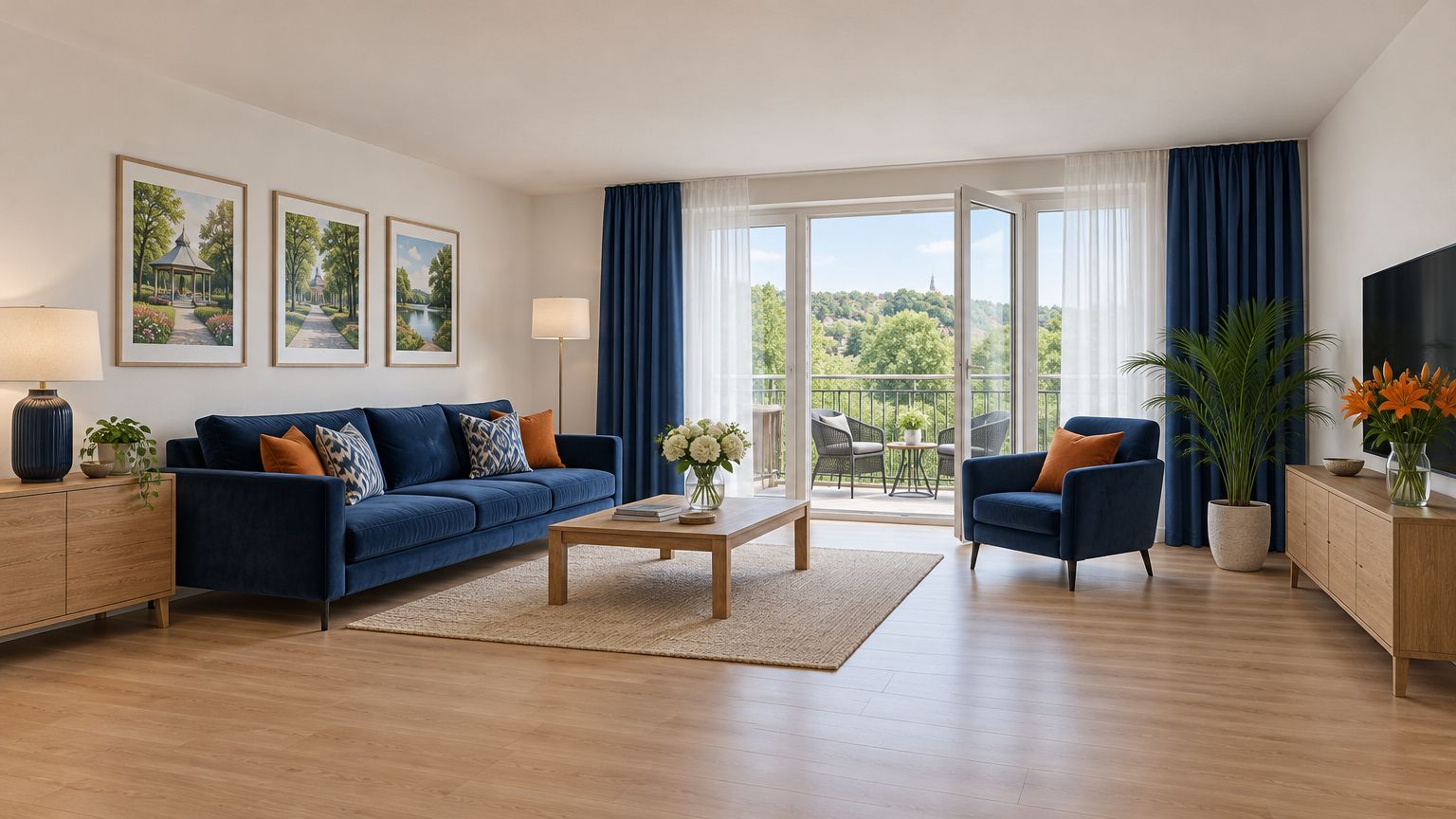 Jasny salon w granatach i drewnie z wyjściem na balkon z widokiem na zieleń